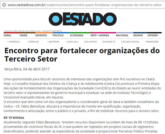 1º Encontro para Fortalecimento das Organizações da Sociedade Civil - OSC     é matéria no Jornal O Estado