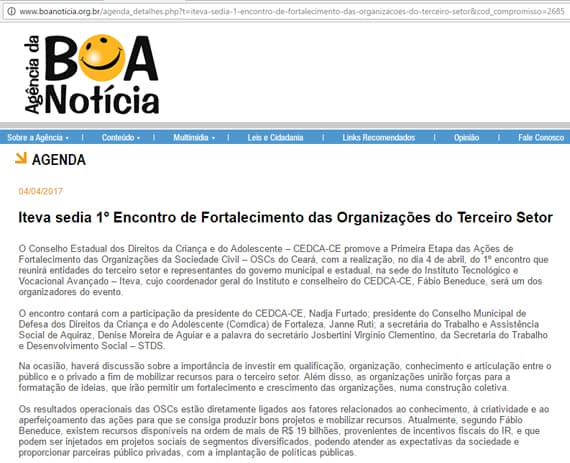 1º Encontro de Fortalecimento das Organizações do Terceiro Setor é destaque no site da Agência Boa Notícia