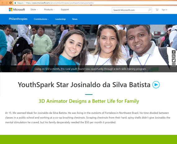 YouthSpark Star Josinaldo da Silva Batista repercute no site da Microsoft