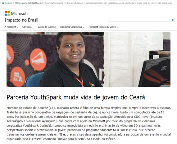 Parceria YouthSpark muda vida de jovem do Ceará é destaque no site da Microsoft