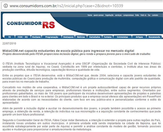 Consumidor RS  divulga o projeto Mídiacom do Iteva