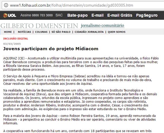 Projeto Mídiacom é destaque na Folha de São Paulo