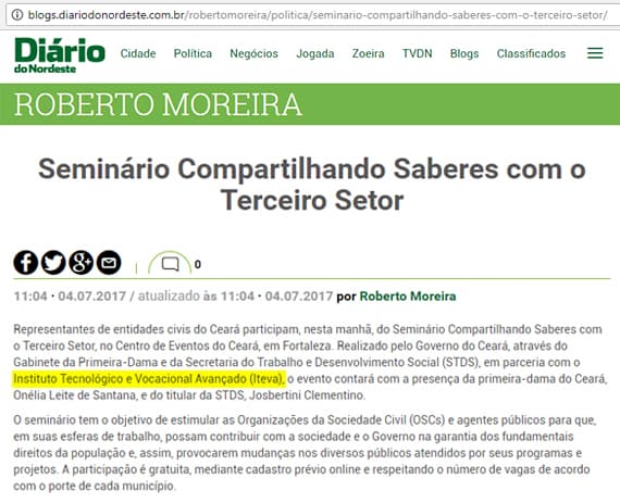 Seminário Compartilhando Saberes com o Terceiro Setor foi divulgado no site Diário do Nordeste