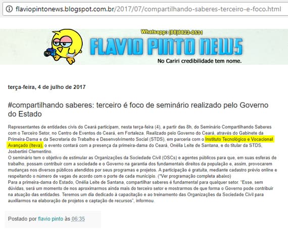 Seminário Compartilhando Saberes com o Terceiro Setor foi matéria no site Flavio Pinto News