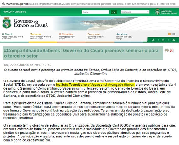 O site Governo do Estado do Ceará publicou sobre o Seminário Compartilhando Saberes com o Terceiro Setor