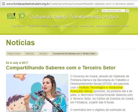 O site Fundação Beto Studart divulgou o Seminário Compartilhando Saberes com o Terceiro Setor