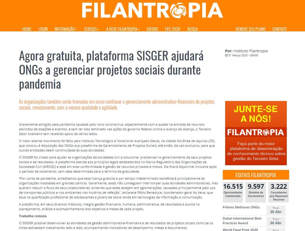 Agora gratuita, plataforma SISGER ajudará ONGs a gerenciar projetos sociais durante pandemia